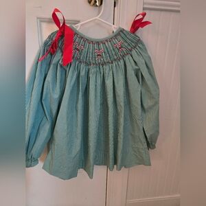 Holiday Green Gingham Smocked Top with Red Accents